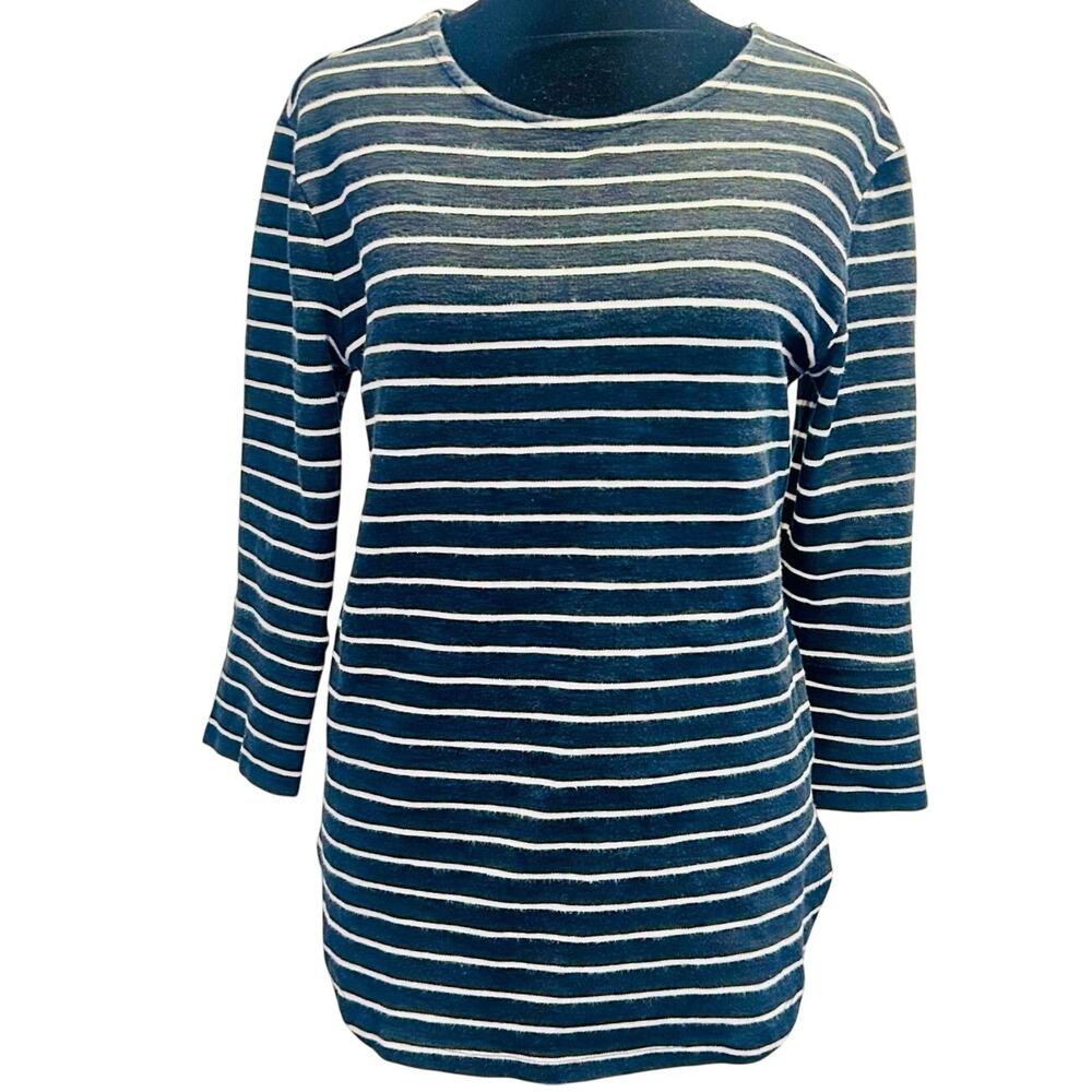 Merona Black White Striped Boatneck Top Small 3/4 Sleeve Cotton Stretch